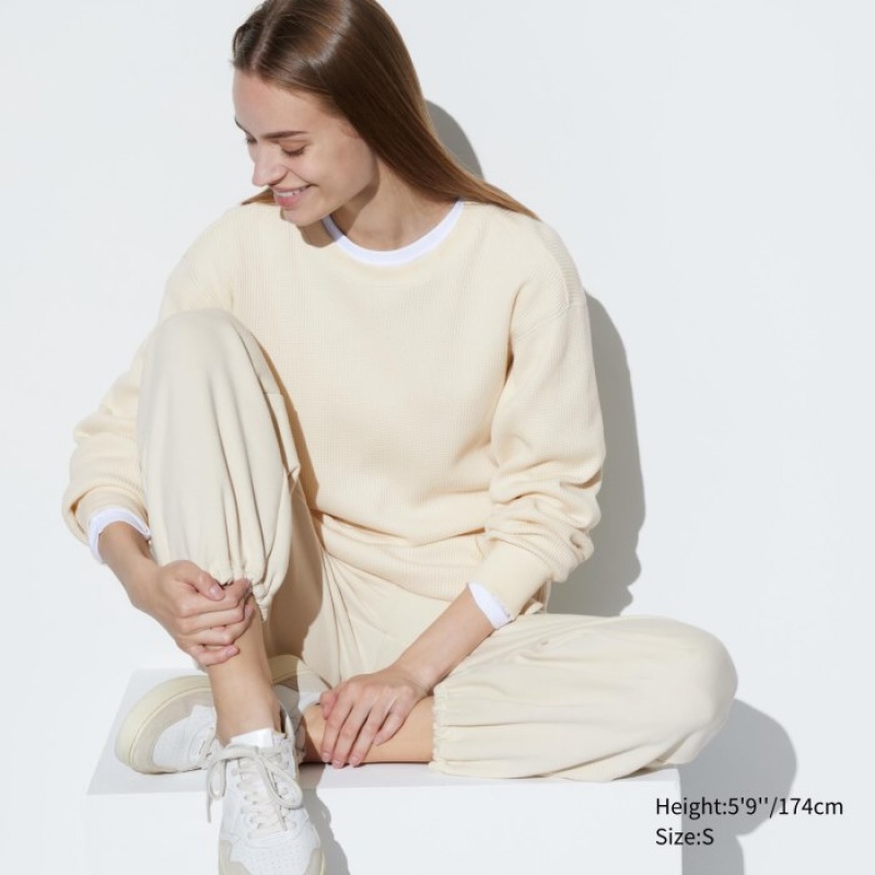 White Uniqlo Waffle Crew Neck Long-Sleeve Women T Shirts | 3926840