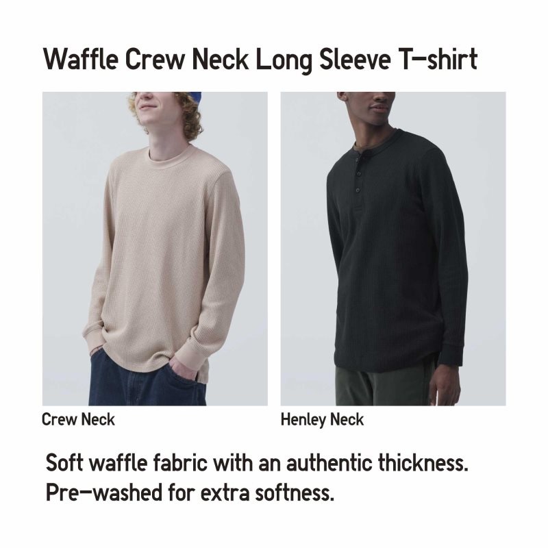 White Uniqlo Waffle Crew Neck Long-Sleeve Men T Shirts | 4878946
