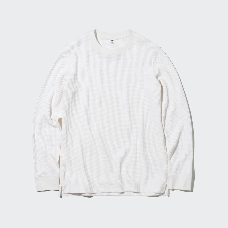 White Uniqlo Waffle Crew Neck Long-Sleeve Men T Shirts | 1522797