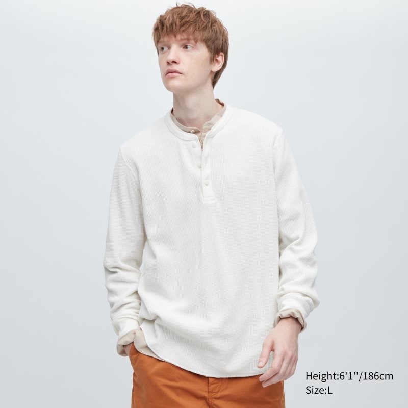 White Uniqlo Waffle Long-sleeve Henley Men T Shirts | 7037596