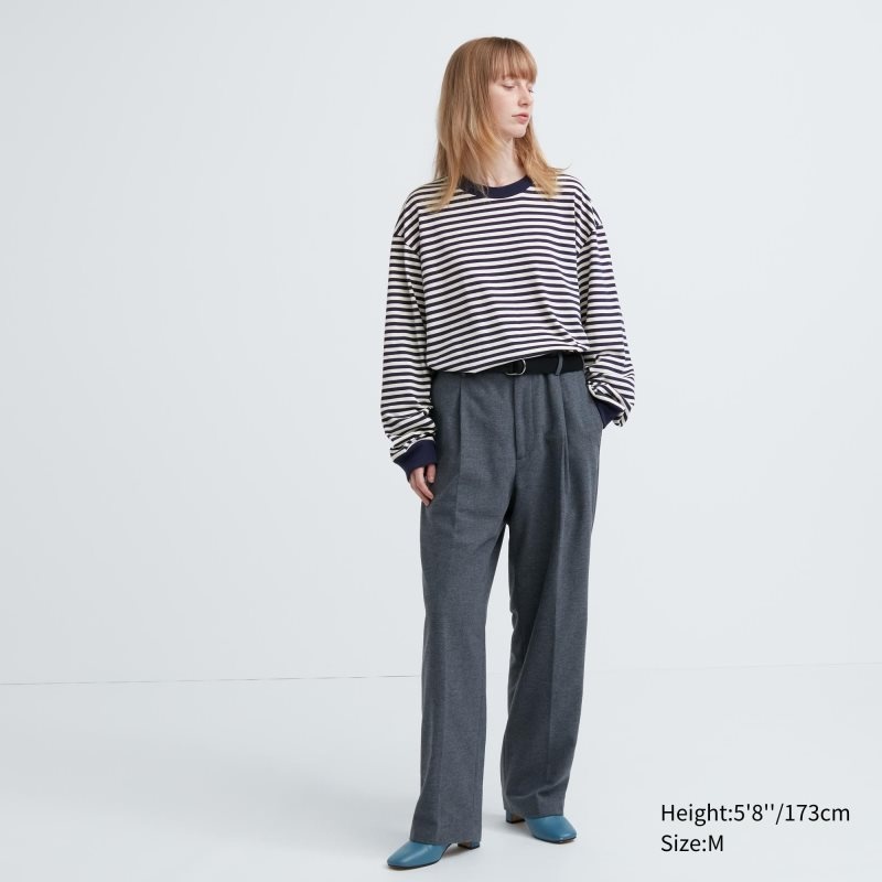 White Uniqlo Washed Cotton Oversized Crew Neck Long-sleeve Striped Men T Shirts | 9992192