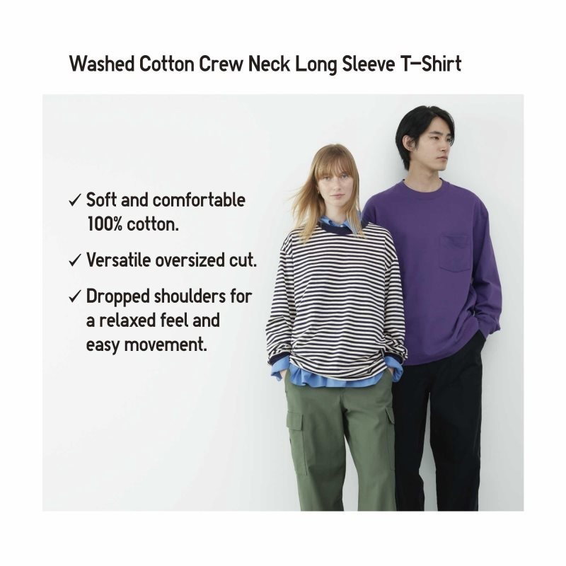 White Uniqlo Washed Cotton Oversized Crew Neck Long-sleeve Striped Men T Shirts | 9992192
