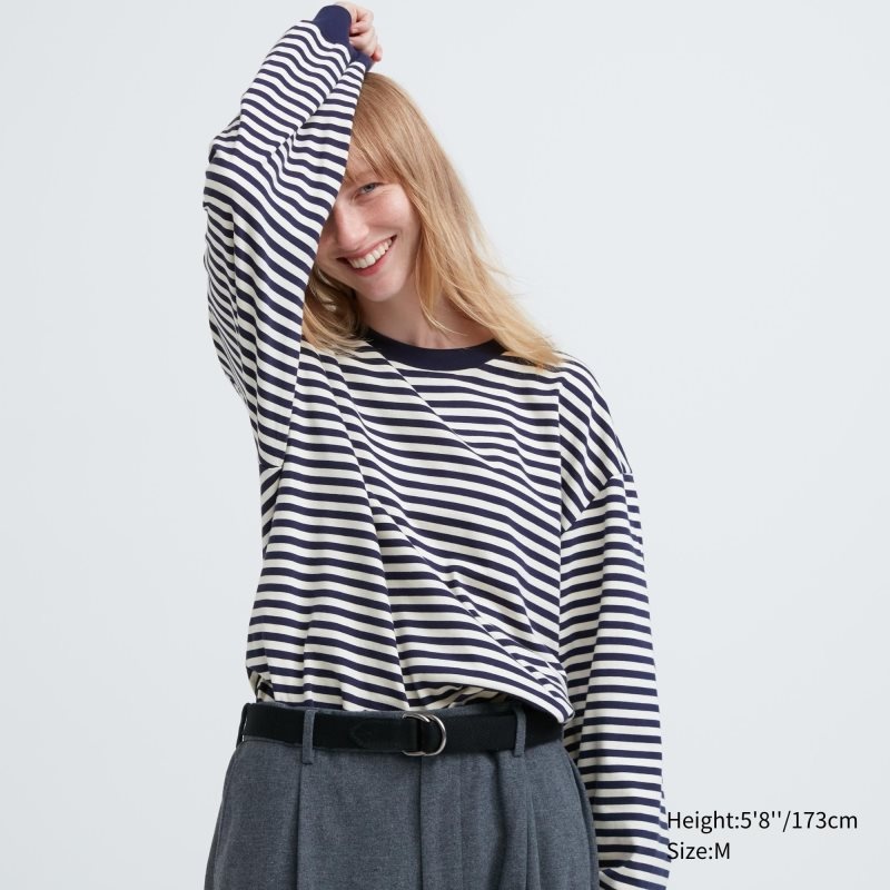 White Uniqlo Washed Cotton Oversized Crew Neck Long-sleeve Striped Men T Shirts | 9992192
