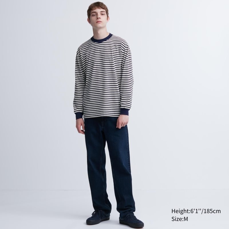 White Uniqlo Washed Cotton Oversized Crew Neck Long-sleeve Striped Men T Shirts | 9992192
