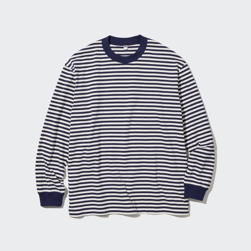White Uniqlo Washed Cotton Oversized Crew Neck Long-sleeve Striped Men T Shirts | 9992192