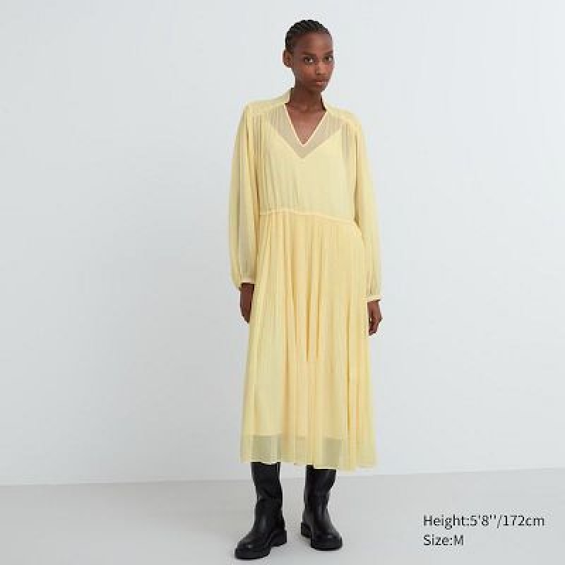 Yellow Uniqlo Chiffon Pleated Long-Sleeve Women Dress | 7861739