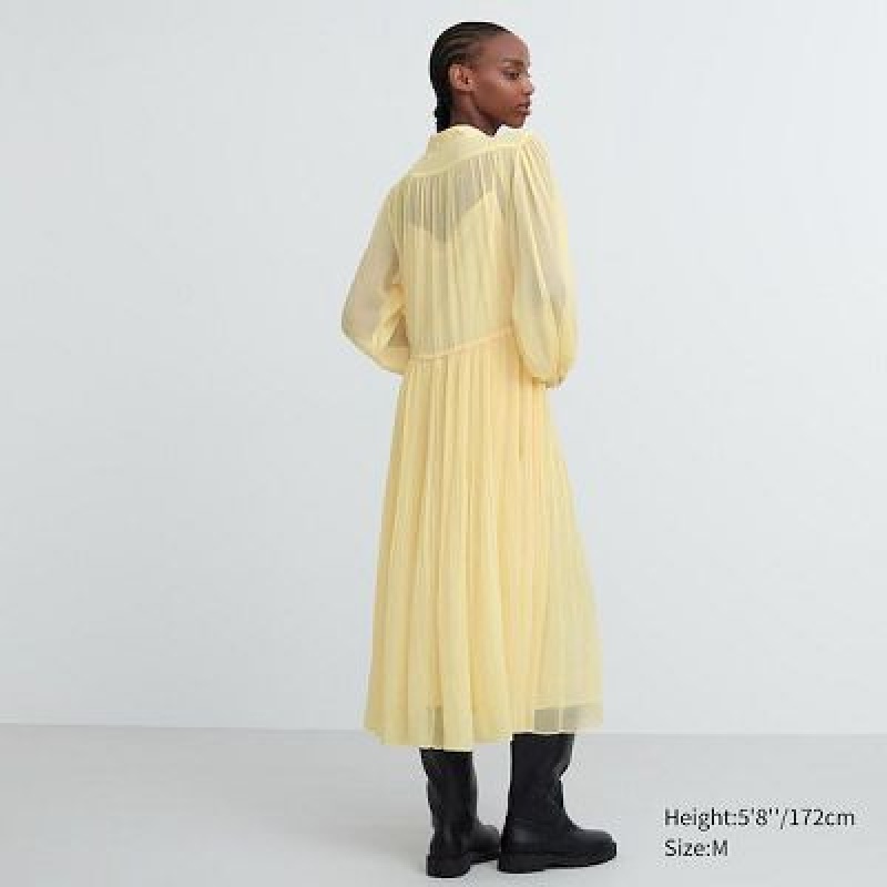 Yellow Uniqlo Chiffon Pleated Long-Sleeve Women Dress | 7861739