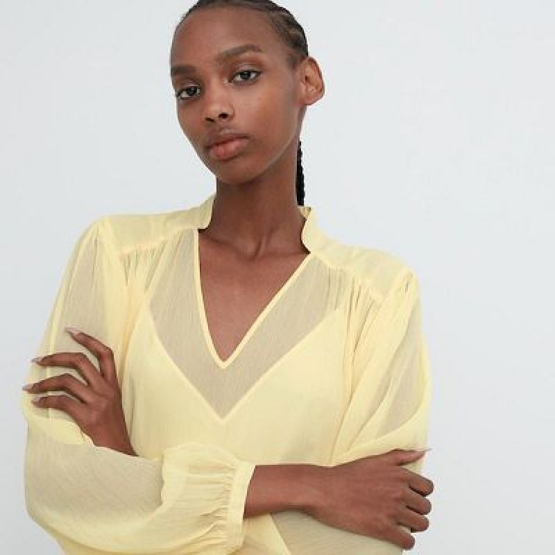 Yellow Uniqlo Chiffon Pleated Long-Sleeve Women Dress | 7861739