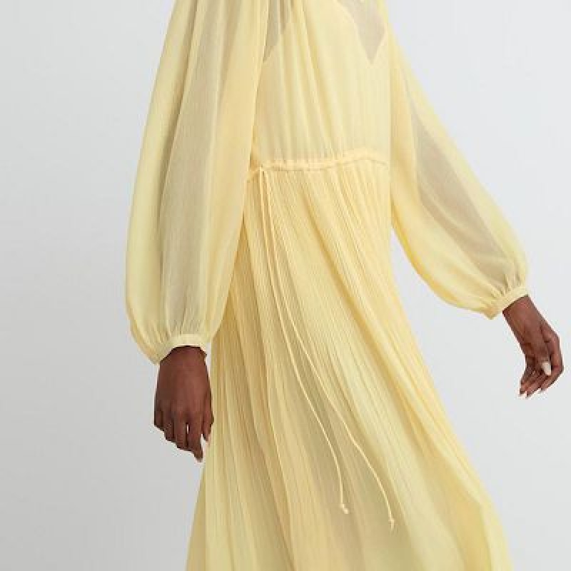 Yellow Uniqlo Chiffon Pleated Long-Sleeve Women Dress | 7861739