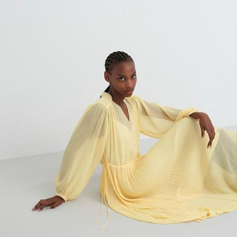 Yellow Uniqlo Chiffon Pleated Long-Sleeve Women Dress | 7861739