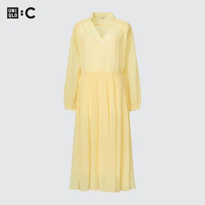 Yellow Uniqlo Chiffon Pleated Long-Sleeve Women Dress | 7861739