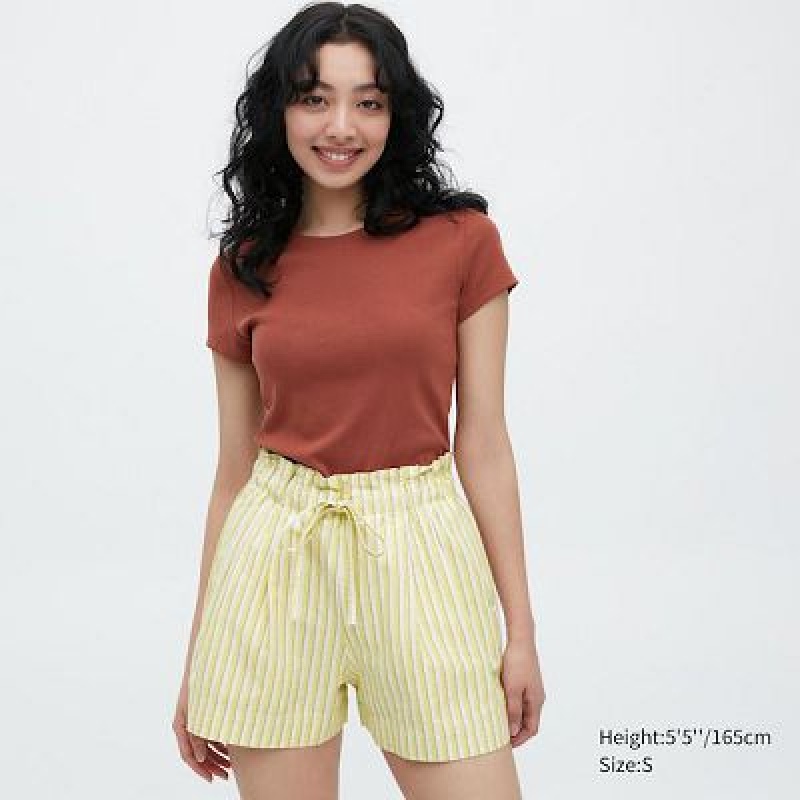 Yellow Uniqlo Cotton Linen Striped Women Shorts | 5799686