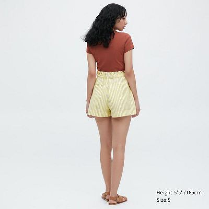 Yellow Uniqlo Cotton Linen Striped Women Shorts | 5799686
