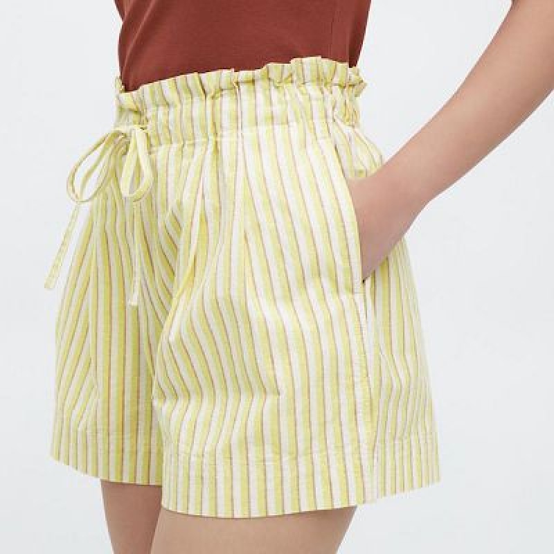 Yellow Uniqlo Cotton Linen Striped Women Shorts | 5799686