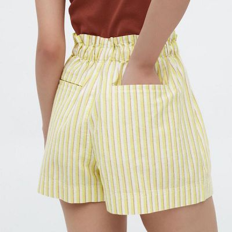 Yellow Uniqlo Cotton Linen Striped Women Shorts | 5799686