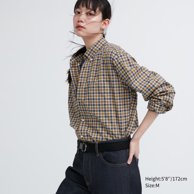 Yellow Uniqlo Extra Fine Cotton Broadcloth Checked Long-sleeve Men Shirts | 8133829