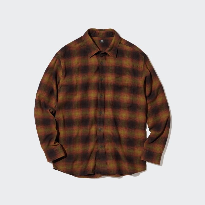 Yellow Uniqlo Flannel Checked Long-sleeve Men Shirts | 3168046