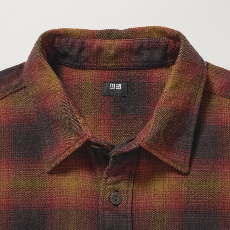 Yellow Uniqlo Flannel Checked Long-sleeve Men Shirts | 3168046