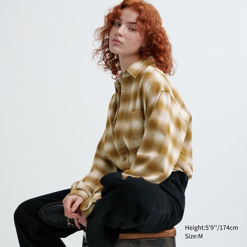 Yellow Uniqlo Flannel Checked Long-sleeve Men Shirts | 3521703