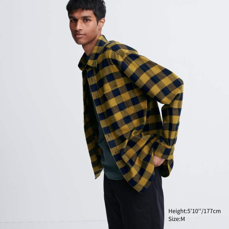 Yellow Uniqlo Flannel Checked Long-sleeve Men Shirts | 2366560