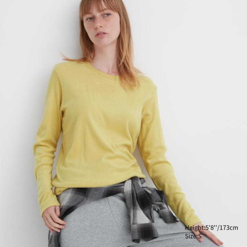 Yellow Uniqlo HEATTECH Fleece Crew Neck Long-Sleeve Women T Shirts | 6057578