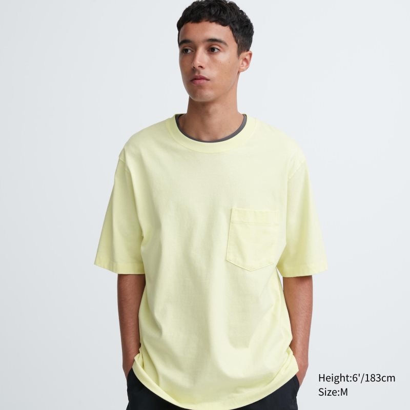 Yellow Uniqlo Oversized Pocket Crew Neck Half-sleeve Men T Shirts | 8176046