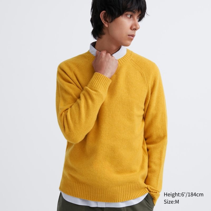 Yellow Uniqlo Premium Lambswool Crew Neck Long Sleeve Men Sweaters | 7145859