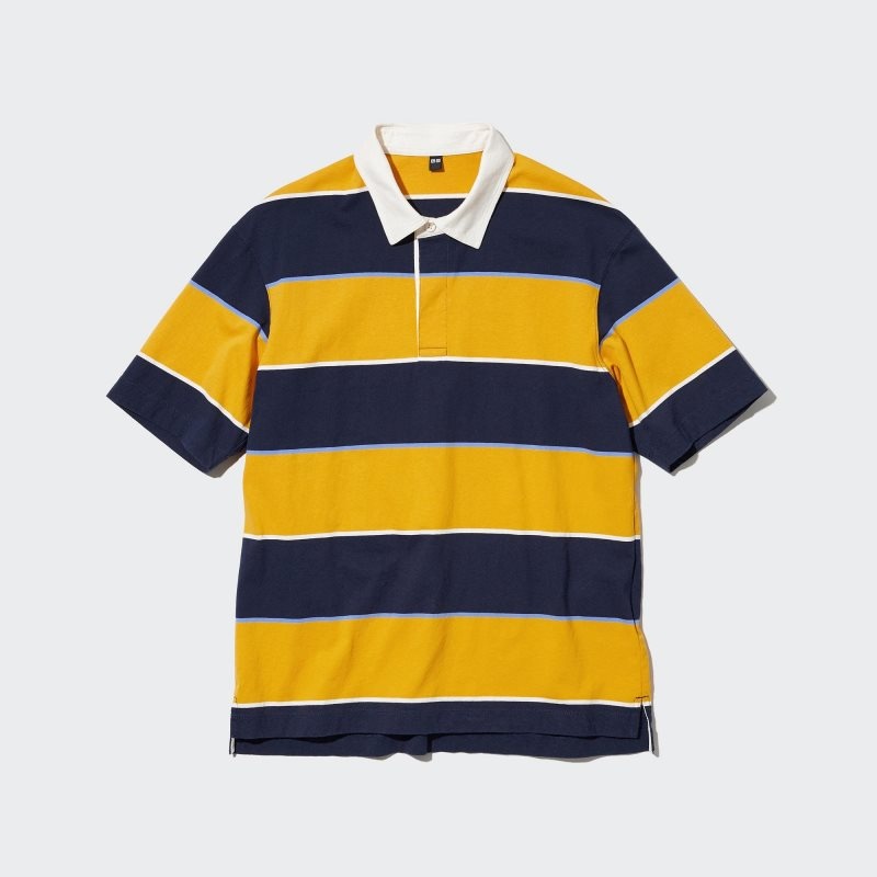 Yellow Uniqlo Rugger Striped Short Sleeve Men Polo Shirts | 3493818