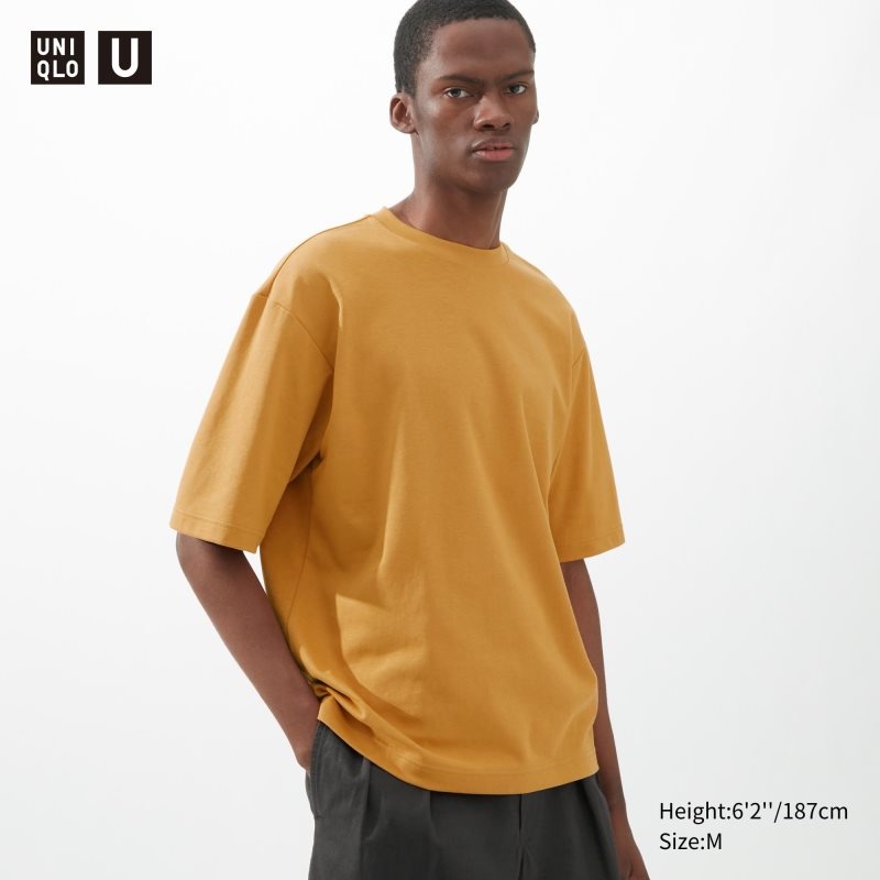 Yellow Uniqlo U AIRism Cotton Oversized Crew Neck Half-Sleeve Men T Shirts | 1534350