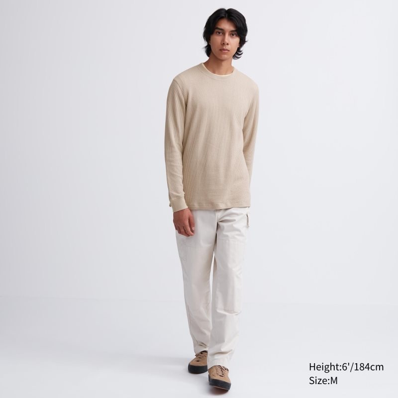 Yellow Uniqlo Waffle Crew Neck Long-Sleeve Men T Shirts | 1113441