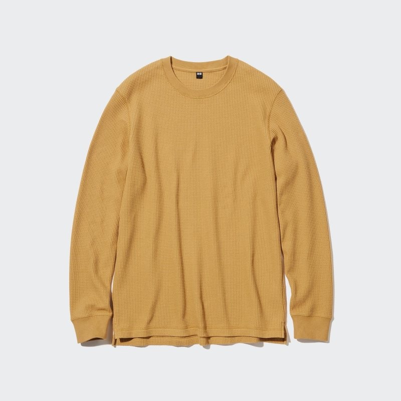 Yellow Uniqlo Waffle Crew Neck Long-Sleeve Men T Shirts | 1113441