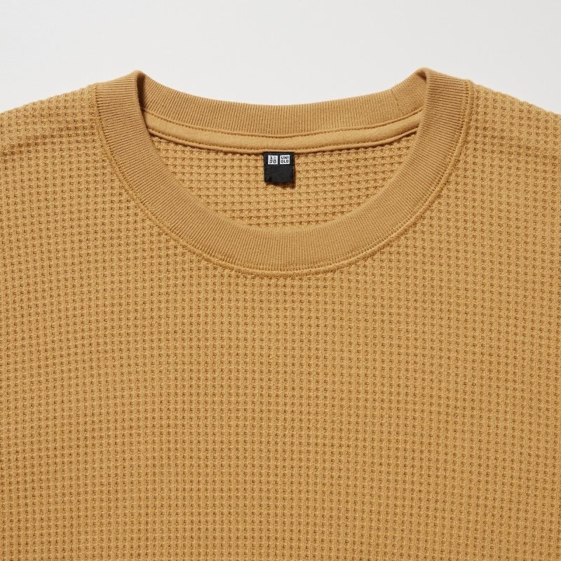 Yellow Uniqlo Waffle Crew Neck Long-Sleeve Men T Shirts | 1113441