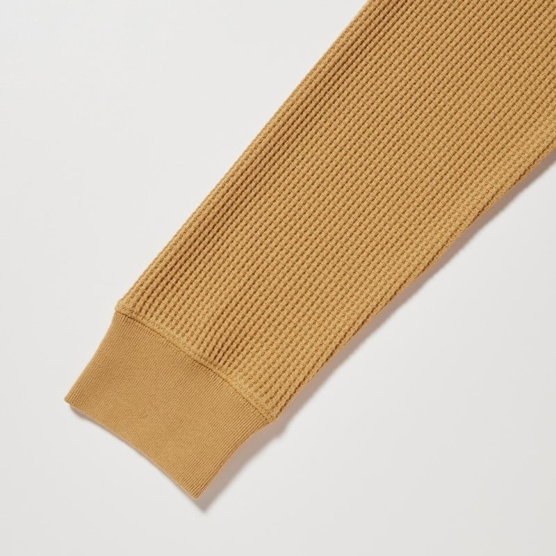Yellow Uniqlo Waffle Crew Neck Long-Sleeve Men T Shirts | 1113441