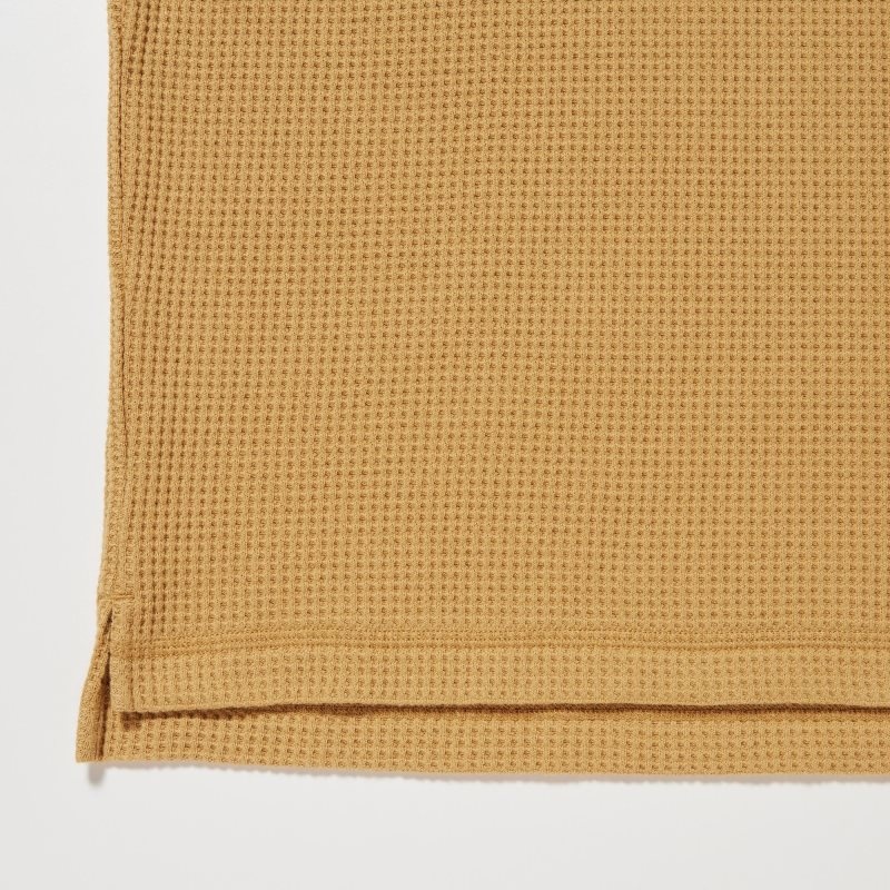 Yellow Uniqlo Waffle Crew Neck Long-Sleeve Men T Shirts | 1113441