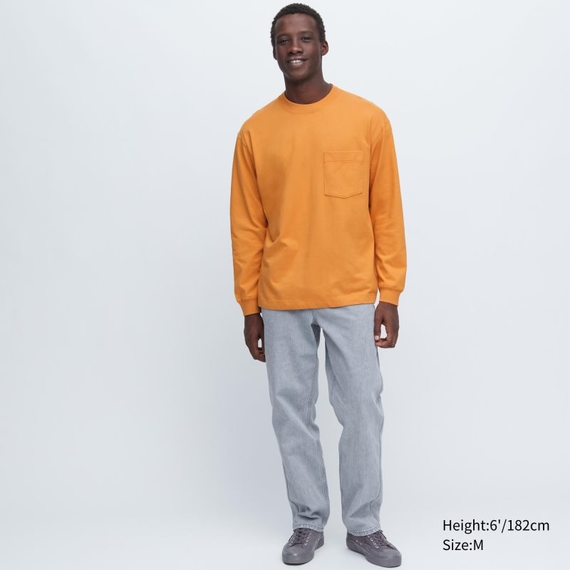 Yellow Uniqlo Washed Cotton Crew Neck Long-sleeve Men T Shirts | 5288235